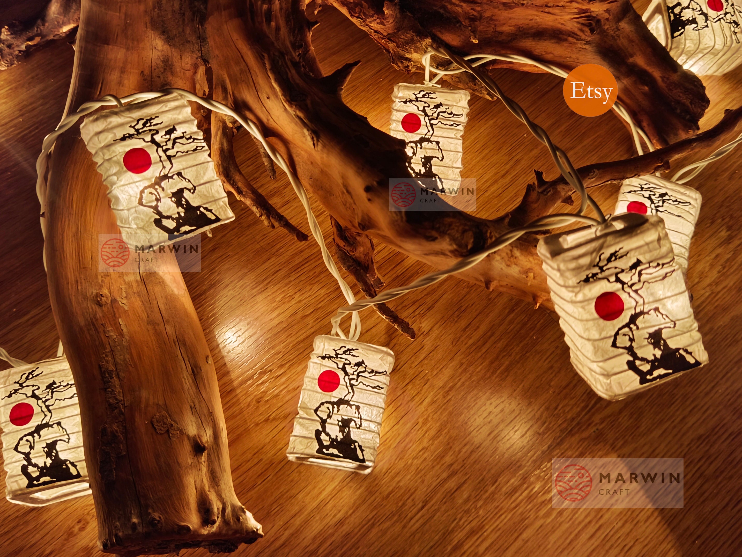 String Lights Mountain Bonsai Tree Sunset Japanese Paper Lantern