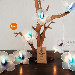 White Blue Sky String Lights Orchid Flower Fairy Lights Bedroom Home Decor Living Room Wall Hanging Lights Wedding Dorm USB Battery & Plug