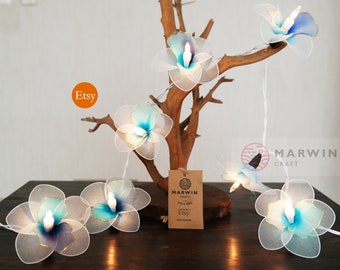 White Blue Sky String Lights Orchid Flower Fairy Lights Bedroom Home Decor Living Room Wall Hanging Lights Wedding Dorm USB Battery & Plug