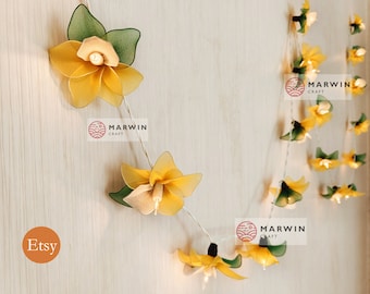 20 Yellow Orchid Flower Fairy String Lights Hanging Party Patio Wedding Garland Gift Home Living Bedroom Dorm Decor USB Battery Plug