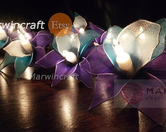 Handcrafted Blue White String Lights Orchid Flower Fairy Lights Bedroom Home Decor Wall Hanging Lights Restaurants Decor Dorm Light Backdrop