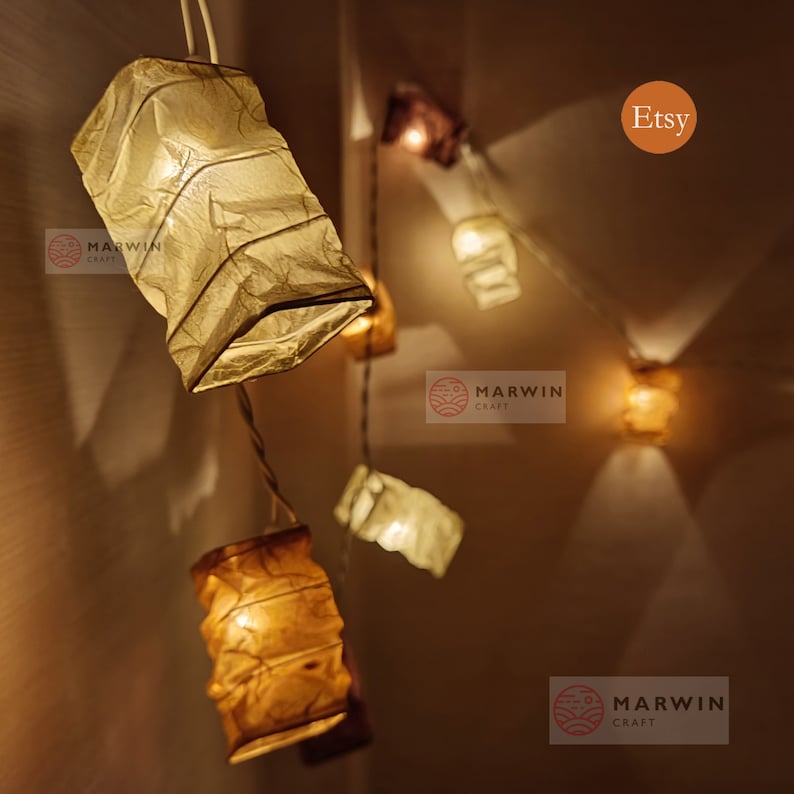 Beige Brown Earth String Lights Japanese Paper Lantern Fairy Lights Bedroom Home Decor Living Room Wall Hanging Lights Dorm USB Battery Plug imagen 2