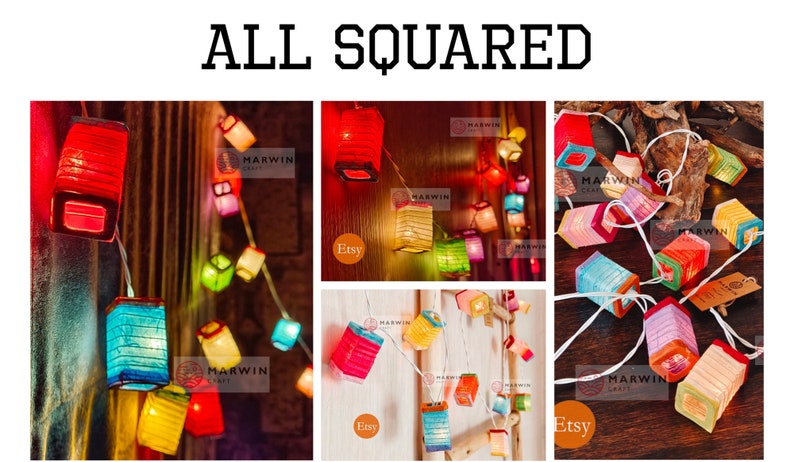 May include: String of colorful, square paper lanterns in red, blue, yellow, and green. The lanterns are strung on a white wire and are lit. The text "ALL SQUARED" is at the top of the image.
