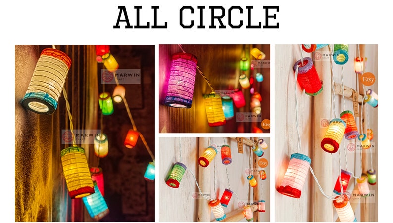 May include: String of colorful paper lanterns, each with a unique design and hue, including red, yellow, and blue. The lanterns are strung together, creating a festive and decorative lighting display. Text on the image reads "ALL CIRCLE".
