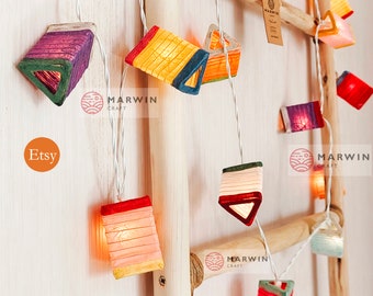 Colourful Pyramid Triangle String Lights Japanese Paper Lantern Lamp Fairy Lights Home Bedroom Living Room Hanging Dorm USB Battery Plug