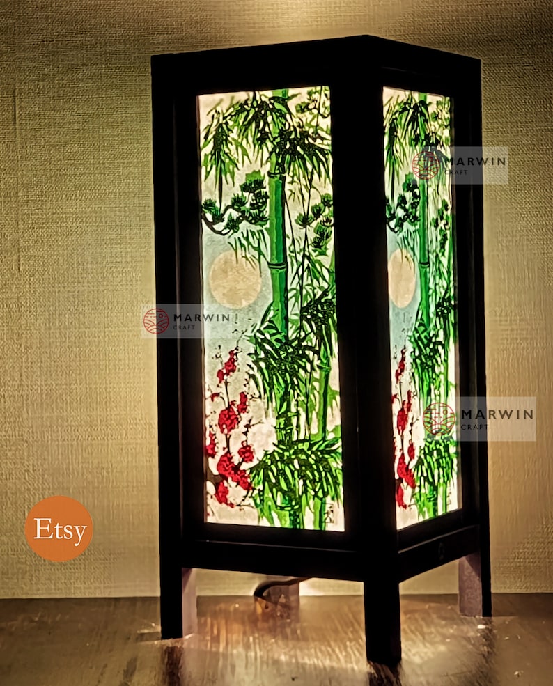Asian Oriental Green Bamboo Japanese Lamp Zen Bedside Lamp Floor Table Lamp Paper Japanese Light Lamp Shades Bedroom Home Decor Living Room image 2
