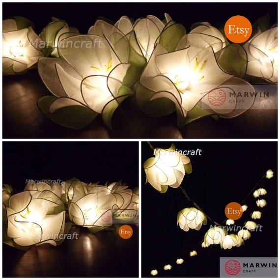 20 White String Lights Lotus Flower Fairy Lights Bedroom Home Decor Living Room Wall Hanging Lights Wedding Decor Dorm Lights Battery Plug