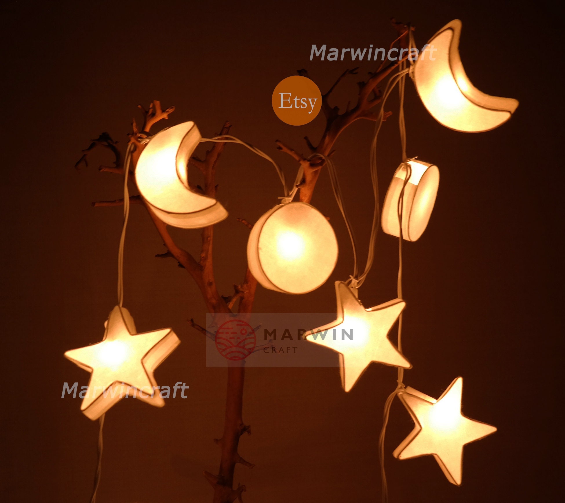 20 Pink and White Moon and Star LED Handmade Fairy Lights by Zhambala 