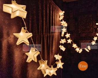 20White String Lights Star Paper Fairy Lights Bedroom Home Decor Living Room Wall Hanging Lights Wedding Decor Dorm Lights Battery Plug USB