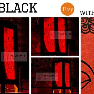 May include: A red and black wooden lamp with a gold foil accent. The lamp features a design of a Buddha face. The lamp is lit and the light shines through the paper. The lamp is on a wooden base. The lamp is handmade and is available on Etsy.