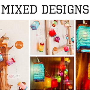 May include: Mixed designs of colorful paper lanterns strung on a string. The lanterns are in various shapes and sizes, with a variety of colors including red, blue, yellow, and green. The text "MIXED DESIGNS" is at the top.