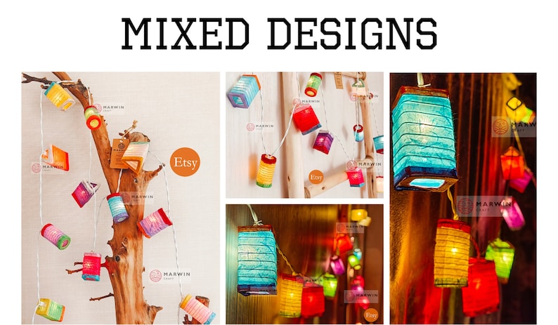May include: Mixed designs of colorful paper lanterns strung on a string. The lanterns are in various shapes and sizes, with a variety of colors including red, blue, yellow, and green. The text "MIXED DESIGNS" is at the top.