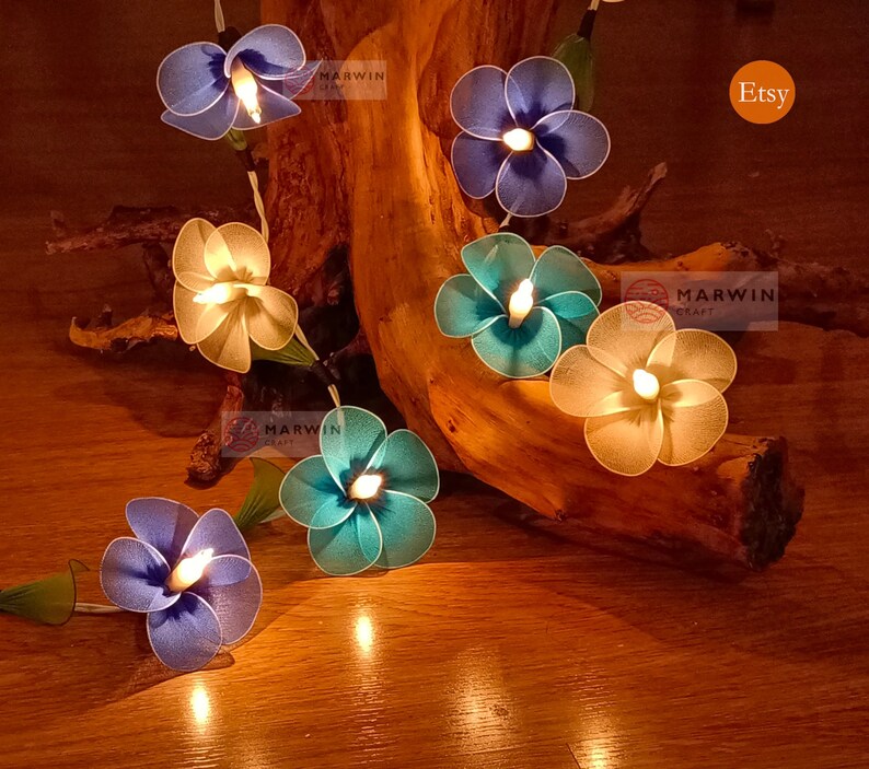 20 White Blue Sky Frangipani String Lights Flower Fairy Lights Bedroom Home Decor Living Room Wall Hanging Lights Decor Dorm Lights Nursery image 1