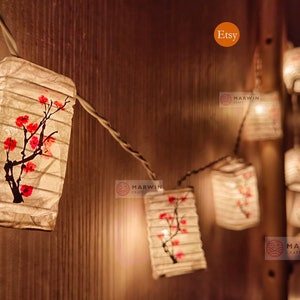 20 String Lights Craft Hand Paint Red Pink Sakura Tree Branch Cherry Blossom Japanese Paper Lantern Lamp Shade Fairy Lights Battery Plug USB