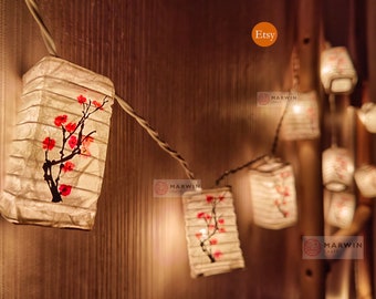 String Lights Craft Hand Paint Red Pink Sakura Tree Branch Cherry Blossom Japanese Paper Lantern Lamp Shade Fairy Lights Bedroom Home Decor