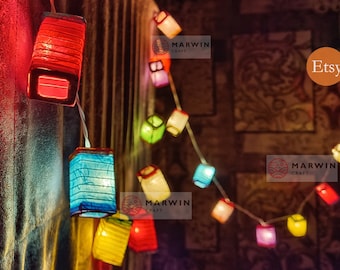 Cadena de luces cuadradas multicolores, linterna de papel japonesa, luces de hadas, decoración del hogar para dormitorio, luces colgantes de pared para sala de estar, batería y enchufe para dormitorio