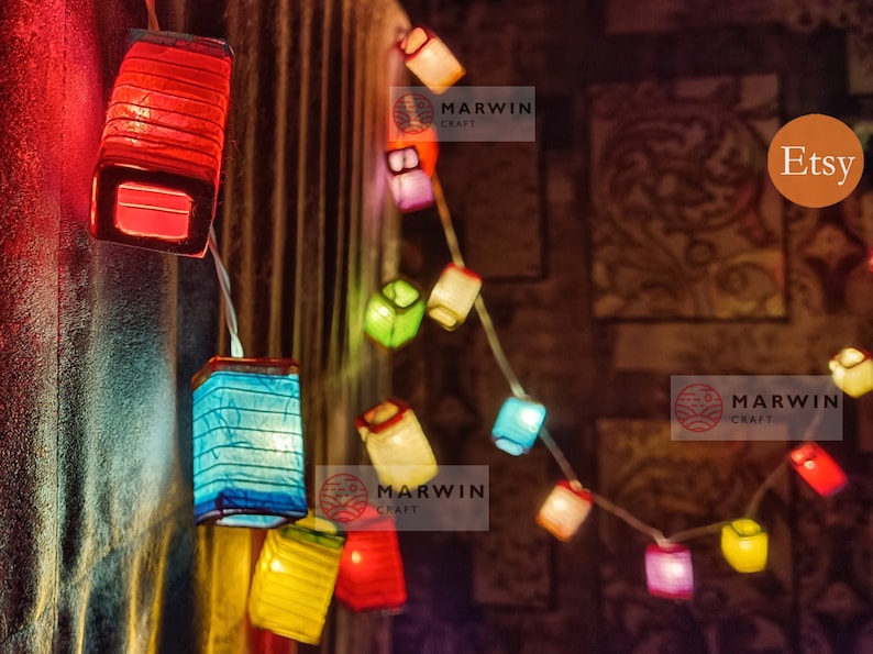 Squared Multi Color String Lights Japanese Paper Lantern Fairy Lights Bedroom Home Decor Living Room Wall Hanging Lights Dorm Battery & Plug image 1