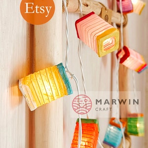 Squared Multi Color String Lights Japanese Paper Lantern Fairy Lights Bedroom Home Decor Living Room Wall Hanging Lights Dorm Battery & Plug image 4