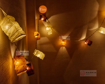 Beige Brown Earth String Lights Japanese Paper Lantern Fairy Lights Bedroom Home Decor Living Room Wall Hanging Lights Dorm USB Battery Plug