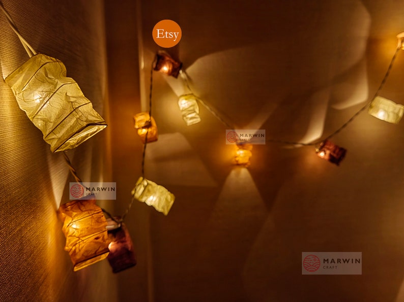 Beige Brown Earth String Lights Japanese Paper Lantern Fairy Lights Bedroom Home Decor Living Room Wall Hanging Lights Dorm USB Battery Plug imagen 1