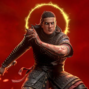 May include: A detailed figurine of a warrior in dark chainmail and plate armor, holding a sword. The figure features glowing white eyes, red runic markings on the arms, and a golden halo above the head, standing on a rocky base with red accents.