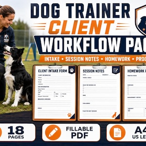 Può includere: Un pacchetto di workflow per addestratori di cani con 18 pagine PDF compilabili in formato A4 e US Letter. Il set include un modulo di ammissione, note di sessione e un piano di compiti, con un design professionale nei colori blu e arancione.