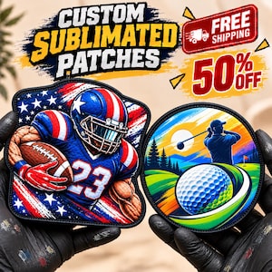 May include: Two custom sublimated patches. One is a shield-shaped patch featuring a football player in a blue, red, and white uniform with the number 23. The other is a circular patch depicting a golfer on a green course with a large golf ball.
