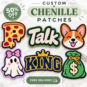May include: Six custom chenille patches featuring a pizza slice shaped like the letter P, the word Talk, a corgi face, a ghost with a pink bow, the word KING with a crown, and a green money bag with a dollar sign, all with textured embroidery.