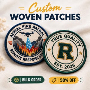 May include: Two circular woven patches. The left patch features a drone spraying water on a forest fire with the text AERIAL FIRE PATROL REMOTE RESPONS UNIT. The right patch displays a large letter R with the text TRUE QUALITY EST. 2026.
