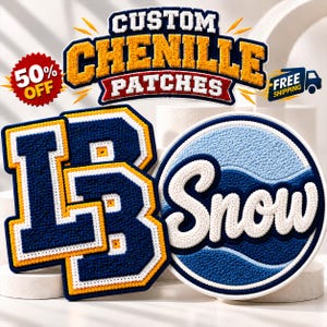 May include: Two custom chenille patches. One patch features the letters LB in dark blue with white and yellow borders. The other is a circular patch with a light blue background, a dark blue wave design, and the word Snow in white script.
