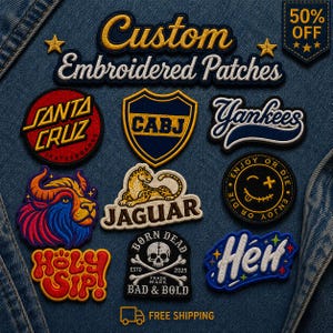 May include: A collection of various embroidered patches featuring diverse designs including a Santa Cruz logo, a CABJ shield, a Yankees script, a jaguar, a winking face, a bull head, Holy Sip text, a skull, and the word Hen, all on denim fabric.