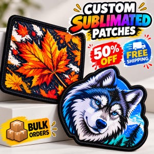 May include: Two custom sublimated patches with black stitched borders. One square patch features a vibrant orange and red maple leaf pattern. The other die-cut patch displays a detailed blue and white husky dog head graphic.