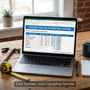 May include: A silver laptop displaying a Contractor Job Estimating System spreadsheet with columns for item description, quantity, unit, rate, and total cost. A yellow Stanley tape measure and a hammer are placed on the wooden desk surface.