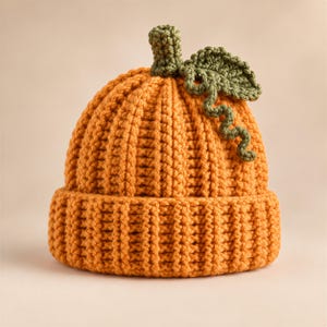 May include: A bright orange crochet beanie featuring a ribbed texture that mimics the appearance of a pumpkin. The top of the hat is adorned with a small, dark green crocheted stem, a single textured leaf, and a curly green vine detail.