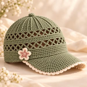 Puede incluir: Una gorra de béisbol de ganchillo color verde salvia con un intrincado patrón de celosía calada alrededor de la corona. La gorra está adornada con una pequeña flor de ganchillo superpuesta en rosa y crema en el lateral y un borde festoneado.