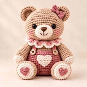 Puede incluir: Un oso de peluche tejido a ganchillo en hilo marrón claro con hocico color crema, ojos negros y nariz marrón. Lleva un peto rosa con un parche de corazón blanco, un cuello festoneado, un pequeño lazo rosa en la oreja y corazones en los pies.
