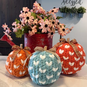 May include: Three round, crocheted pumpkins in orange and light blue, each featuring a white heart pattern and a tied ribbon on top. Behind them sits a red metal watering can filled with pink flowers and a wall sign with the word blessed.