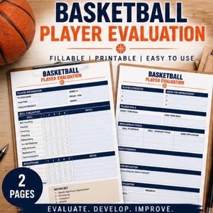 May include: Two white basketball player evaluation forms on clipboards with dark blue and orange text. The forms include sections for player information, skill evaluation, athleticism, strengths, goals, and coach feedback. A basketball is visible.
