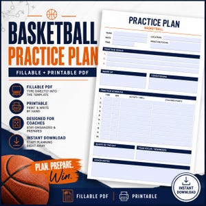Puede incluir: Una plantilla digital de plan de entrenamiento de baloncesto en formato PDF rellenable e imprimible. El diseño incluye secciones para detalles del equipo, objetivos, calentamiento, acondicionamiento, un horario y notas del entrenador.