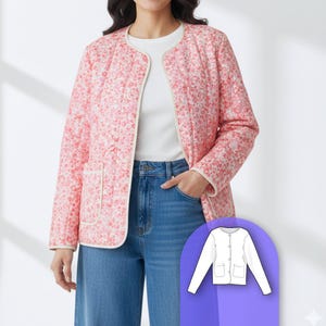 May include: A quilted jacket featuring a pink and white floral pattern, a round neckline, long sleeves, and two front patch pockets with cream-coloured trim. The jacket is worn over a white top and blue jeans, with a technical line drawing inset.
