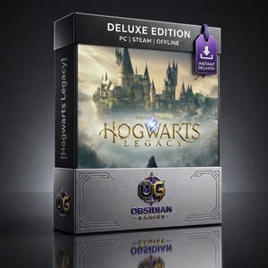 May include: A rectangular game box for Hogwarts Legacy Deluxe Edition for PC, Steam, and offline play. The box features a castle illustration, the game title, and a purple tag labelled Instant Delivery. The base displays the Obsidian Gaming logo.
