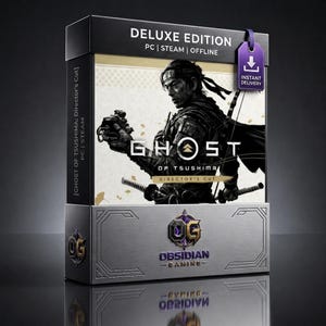 Puede incluir: Una caja de juego rectangular para Ghost of Tsushima Director's Cut Deluxe Edition para PC. La caja presenta una ilustración de un guerrero, el texto 'GHOST OF TSUSHIMA DIRECTOR'S CUT' y un logo de Obsidian Gaming. Una etiqueta morada dice 'INSTANT DELIVERY'.