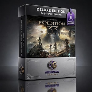 Può includere: Una scatola di gioco rettangolare per la Deluxe Edition di Clair Obscur: Expedition 33 per PC Steam. La scatola presenta un paesaggio fantasy oscuro con figure, un'etichetta viola di consegna istantanea e il logo Obsidian Gaming sulla base.
