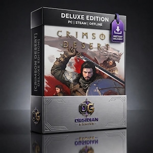 Peut inclure: Une boîte de jeu PC Crimson Desert Deluxe Edition illustrée d'un guerrier avec épée et bouclier. L'emballage affiche le texte Deluxe Edition, PC, Steam, Offline, ainsi qu'une étiquette violette Instant Delivery avec une icône de téléchargement.