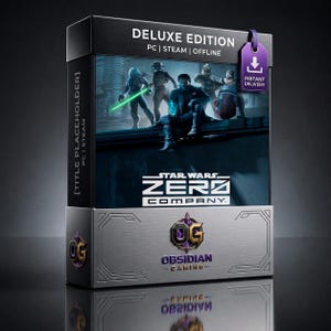 Könnte beinhalten: Eine rechteckige Spielebox für Star Wars Zero Company Deluxe Edition auf PC. Die Box zeigt eine dunkle Szene mit Charakteren, ein violettes Sofort-Lieferungs-Etikett und das Obsidian Gaming Logo auf einer metallisch silbernen Basis.