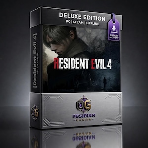 Puede incluir: Una caja de juego rectangular para Resident Evil 4 Deluxe Edition en PC, con una ilustración oscura y sombría de un personaje. La etiqueta superior dice DELUXE EDITION PC | STEAM | OFFLINE, con una etiqueta morada INSTANT DELIVERY.