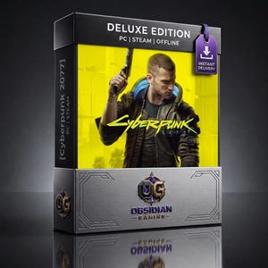 Könnte beinhalten: Eine rechteckige Spielebox für Cyberpunk 2077 Deluxe Edition auf PC. Die Box zeigt einen gelben Hintergrund mit einer Figur, die eine Handfeuerwaffe hält, den Spieletitel und den Text PC | STEAM | OFFLINE. Die Basis ist metallisch silber mit dem Obsidian Gaming Logo.