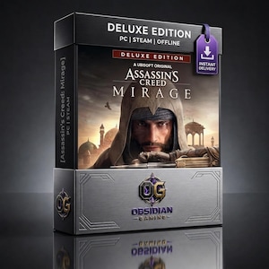 May include: A rectangular game box for Assassin's Creed Mirage Deluxe Edition on PC. The cover features a hooded character, desert architecture, and the text 'DELUXE EDITION PC | STEAM | OFFLINE'. A purple tag reads 'INSTANT DELIVERY'. The base displays the Obsidian Gaming logo.