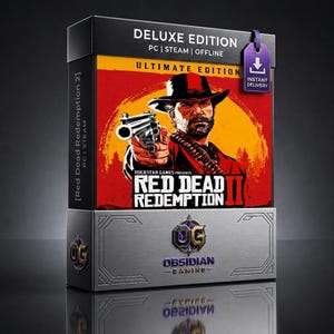 May include: A rectangular game box for Red Dead Redemption 2 Deluxe Edition for PC, Steam, and offline use. The cover features a man in a hat holding a revolver against a red and orange sun background. The base is silver with the Obsidian Gaming logo.