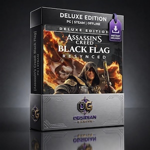 Może przedstawiać: Prostokątne pudełko z grą Assassin's Creed Black Flag Resynced Deluxe Edition na PC Steam. Okładka przedstawia postać w kapturze trzymającą pistolet skałkowy na tle ognia z flagą z czaszką. Zawiera etykietę natychmiastowej dostawy.